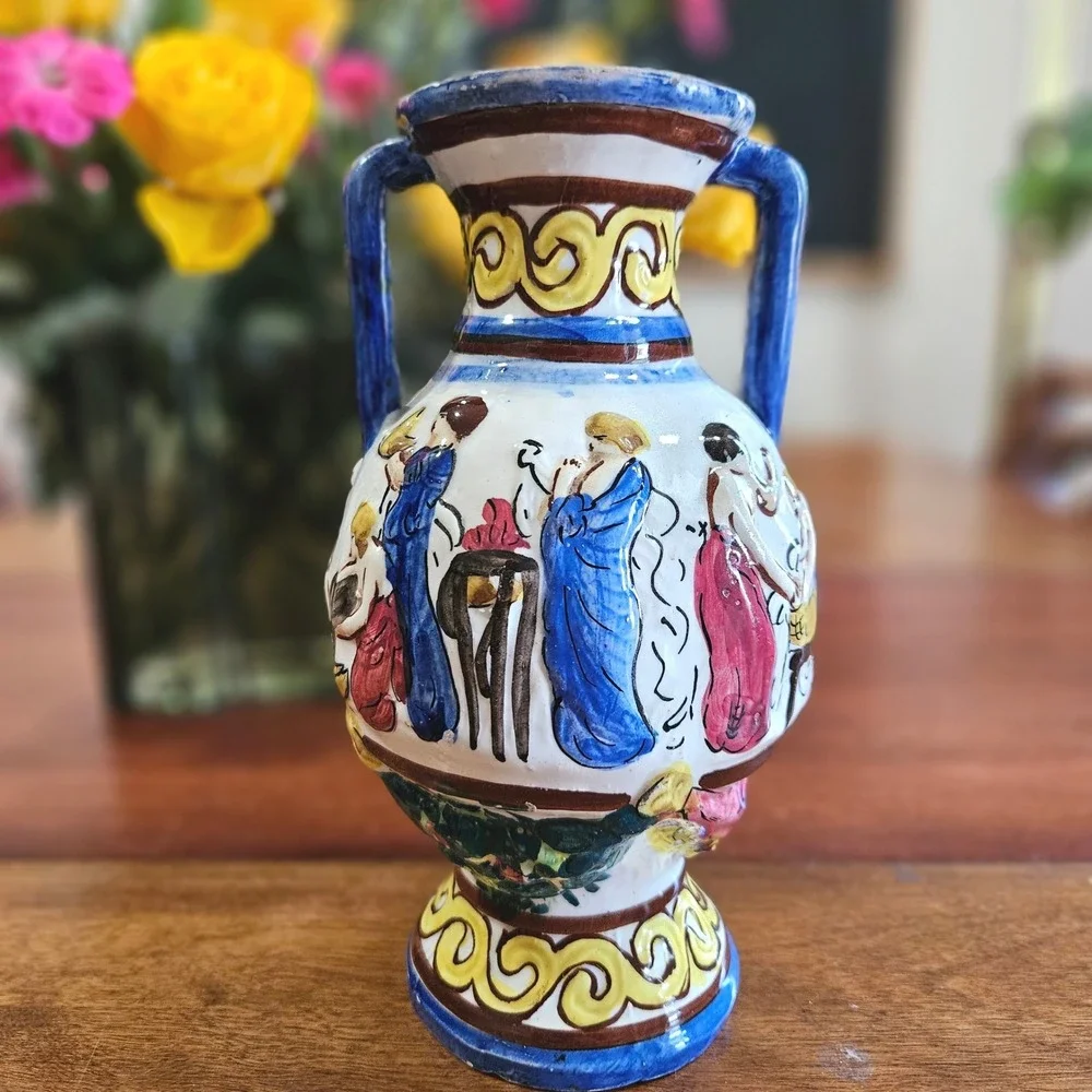 Vtg Italian Majolica Hand Painted Double Handle Urn Vase Mythological Scene